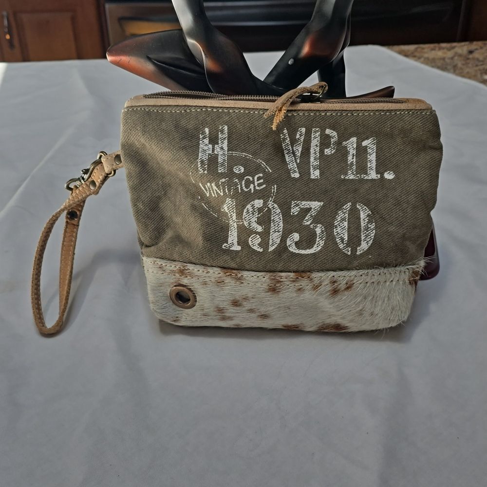Myra Bag Vintage 1930 Upcycled Canvas Wristlet - cow fur or calf hair